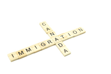 Immigration minimalistic concept. Isolated wooden letter blocks with word cloud Immigration to Canada