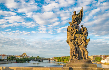 Baroque Statues on the Prague Charles Bridge on a sunny day