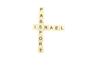 Immigration minimalistic concept. Isolated wooden letter blocks with word cloud Immigration and Passport of Israel