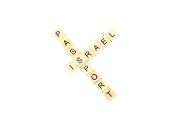 Immigration minimalistic concept. Isolated wooden letter blocks with word cloud Immigration and Passport of Israel