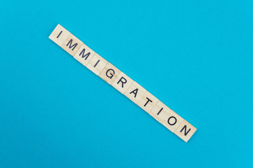 Immigration minimalistic concept. Isolated wooden letter blocks with word cloud Immigration