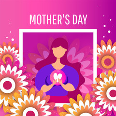 Postcard to March 8, with paper flowers. A young girl holds in her hands a love heart. Illustration can be used for brochures, postcards, tickets, advertisements, banners. Congratulations to the Women