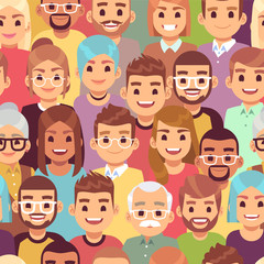 People seamless pattern. Multi ethnic men and women. African, european and asian humans, multicultural crowd, vector texture