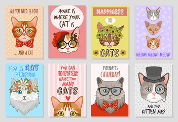 Cats cards. Cartoon cute kittens, lovly pats. Funny cat motivation hand drawn posters vector set