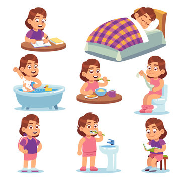 Girl daily activities. Children life morning brushing teeth exercising reading school toys and other baby routine isolated cartoon vector icons