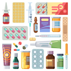 Flat pills. Medicine cartoon drugs, tablets and antibiotics. Medication dose, vitamin capsules icons vector set