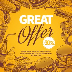 Fast food sketch. Hot dog, ice cream and cola, coffee and hamburger, donuts and fries vector hand drawn restaurant menu