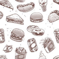 Fast food seamless pattern. Hot dog, hamburger and cola, coffee and ice cream, cheeseburger fast food restaurants vector texture
