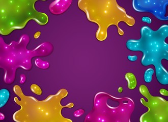 Color slime background. Glossy sticky yellow, purple, green and blue slime blots splashes with glitter. Girly dripping toys vector border