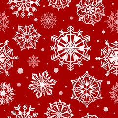 Snowflakes seamless pattern. Abstract christmas snow wallpaper, xmas decorative frost design. Red and white winter holidays wrapper texture