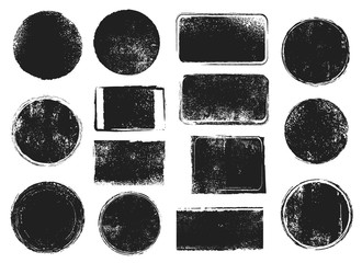 Grunge post stamps. Round and rectangular badges with distressed texture. Scratched blank rubber seal stamp vector isolated set - obrazy, fototapety, plakaty