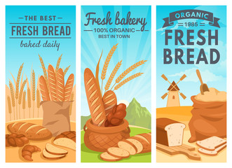 Bread banners. Rye bread bakery shop, wheat baguette and croissant, cupcake and toast, cookie and bagel cartoon flayers vector set