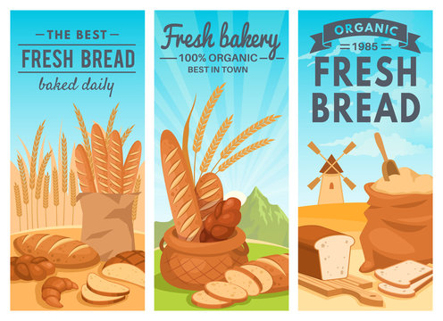 Bread banners. Rye bread bakery shop, wheat baguette and croissant, cupcake and toast, cookie and bagel cartoon flayers vector set