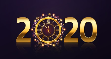 New year clock background. Golden 2020 numbers and clock showing five minutes to twelve with garland. Winter holiday vector concept