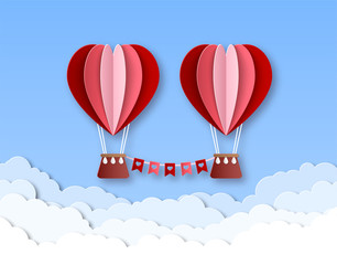 Hot air balloon in heart shape. Happy valentines day invitation card vector template