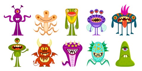 Monsters. Cute goblins and gremlins, scary aliens. Halloween funny trolls cartoon characters vector set