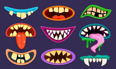Monster mouth. Cute scary goblin, gremlin and aliens mouths with tongue and teeth. Halloween trolls caricature cartoon vector set