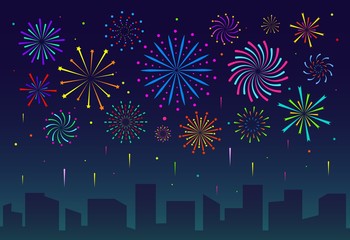 Fireworks in city. Festive christmas salute over night cityscape. New year and xmas holiday skyline with firecracker vector concept