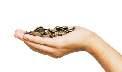 Man hand holding coins on white background and isolated photo.Growth saving and investment concept.