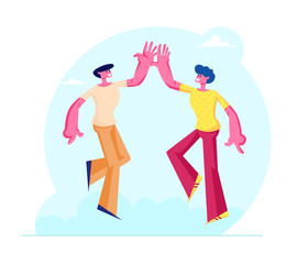 Couple of Male Friends Characters Take High Five to Each Other as Symbol of Friendship and Solidarity. Human Bonding Relations, Connection between Pals or Buddies Cartoon Flat Vector Illustration