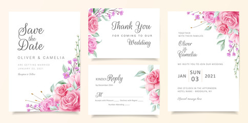 Elegant wedding invitation card template set with floral border arrangements. Watercolor flowers save the date, invitation, greeting, respond , thank you cards vector