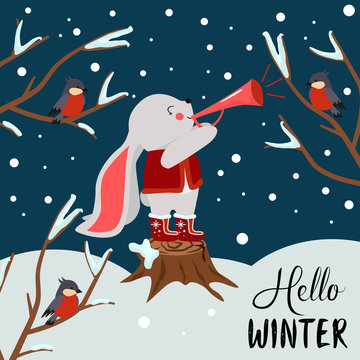 hello winter poster with hare in the forest - vector illustration, eps