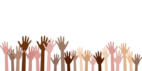 Hands with skin color diversity vector illustration. Community concept icons, social, national, racial issues symbols. Helping hand prints, human palms - working together, partnership concept.