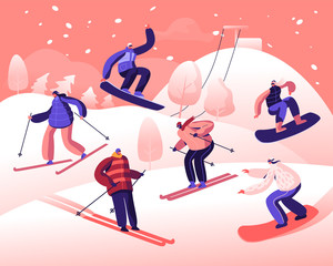 Fototapeta na wymiar Happy People Riding Snowboard and Skis by Snow Slopes. Winter Time Season Holidays. Sportswomen Having Fun on Ski Resort Going Downhill. Travel Activity Entertainment. Cartoon Flat Vector Illustration