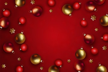 Christmas and New Year design. Golden and red realistic christmas balls and decorative snowflakes on red background. Festive banner with place for text. Top view, vector illustration EPS 10