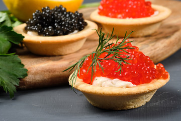 tartlets with red and black caviar on a wooden board with lemon and herbs on a gray background. Close-up
