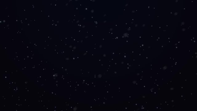 Video animation of falling snow on dark backdrop. Big white snowflakes rapidly flying on black background to left side falling down. Winter snow fallout. Snowflakes swirling in the air.