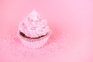 cupcake with whipped cream icing and decorated sprinkles on pink background, top view