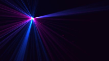 Spinning ball with light beams on left corner. Shining star rotating disco animation with blue and pink light rays on dark black background. - Powered by Adobe