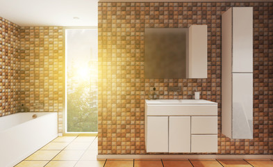 3D rendering. Beige mosaic on the walls. White bathroom furniture. Open space.. Sunset.