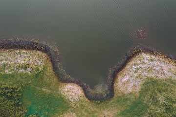 Aerial top view by the natural lake during spring season.
