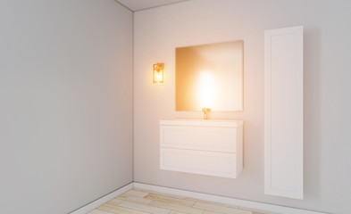 bathroom in a minimalist style. room in gray tones. foggy mirror. 3D rendering. Sunset.