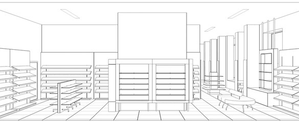 shopping mall, contour visualization, 3D illustration, sketch, outline