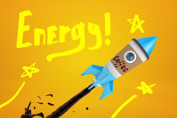 3d rendering of toy rocket made of coffee cup against amber yellow background with title 'Energy'.