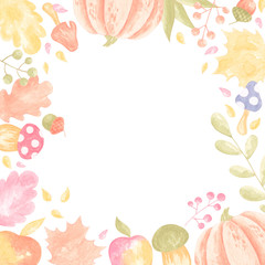 Square frame with various autumn elements. Maple, oak, apples, pumpkin, mushrooms. Can be used as invitation, card, poster, flyer. Place for your text