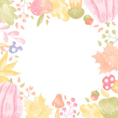 Square frame with various autumn elements. Maple, oak, apples, pumpkin, mushrooms. Can be used as invitation, card, poster, flyer. Place for your text