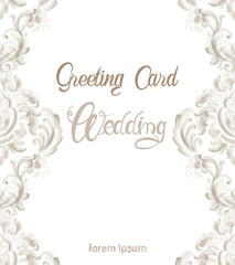 Wedding greeting card with rococo texture pattern Vector. Floral ornament decoration. Victorian engraved retro design. Vintage grunge fabric decors. Luxury fabrics