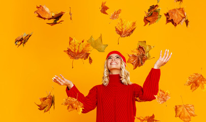 happy emotional cheerful girl laughing  with autumn leaves and knitted autumn red cap  on colored...