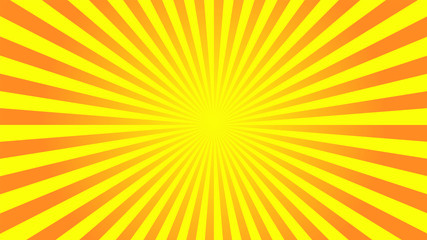 Obraz premium Sun rays background. Yellow orange radiate sun beam, burst effect. Sunbeam light flash boom. Template poster sale. Sunlight star, sunrise glow burst. Solar radiance, retro design. Vector illustration