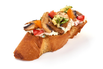 Spanish Tapas and Pinchos with cottage cheese, tomatoes, champignon mushrooms, garlic, Italian Bruschetta, isolated on white background