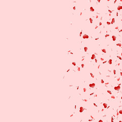 Heart falling confetti isolated pink background. Red fall hearts. Valentine day decoration. Love element design, hearts-shape confetti invitation wedding card, romantic holiday. Vector illustration
