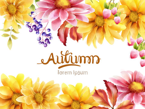 Autumn bouquet of flowers with daisy, sunflower, berries and leaves. Vector autumn composition