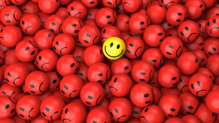 One yellow happy smile between many red spherical sad others as concept for unique, optimistic, positive, difference 3D rendering - obrazy, fototapety, plakaty