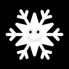 Snowflake smiley baby face. Cute winter white snow flake, smile, isolated black background. Happy fun character, kid emoticon. Drawing cartoon doodle. Holiday child decoration. Vector illustration