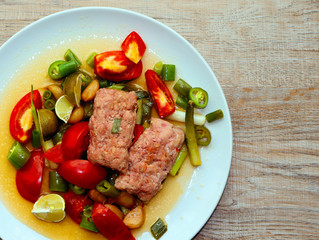 background, view of meat with vegetables