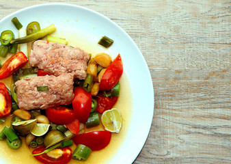 background, view of meat with vegetables